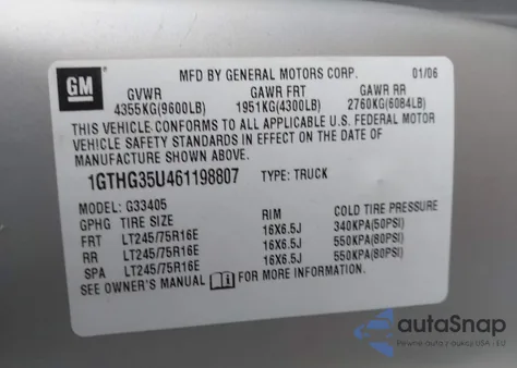 2006 GMC Savana Work Van z USA, uszkodzony, nr VIN 1GTHG35U461198807